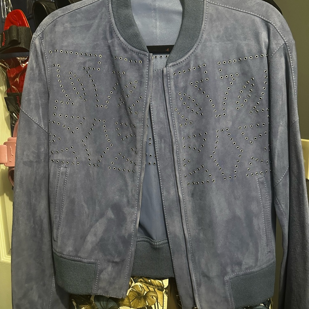 Salvatore Ferragamo Blue Bomber Jacket with Ribbed Details